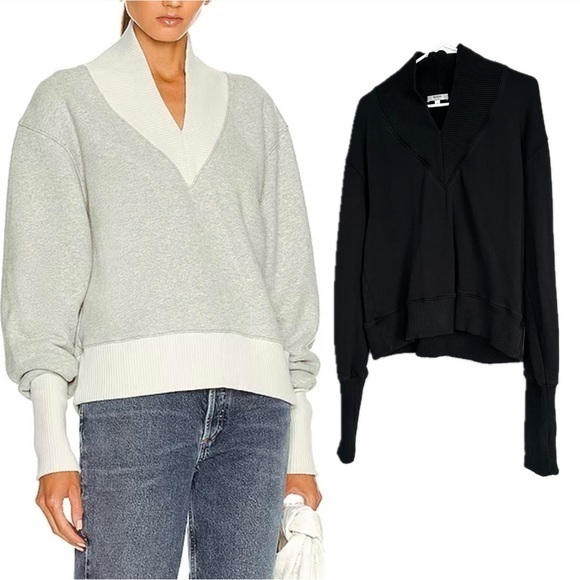 Agolde NWOT Klara Extended Black V-neck Relaxed Long Sleeve Sweatshirt L - Picture 1 of 15